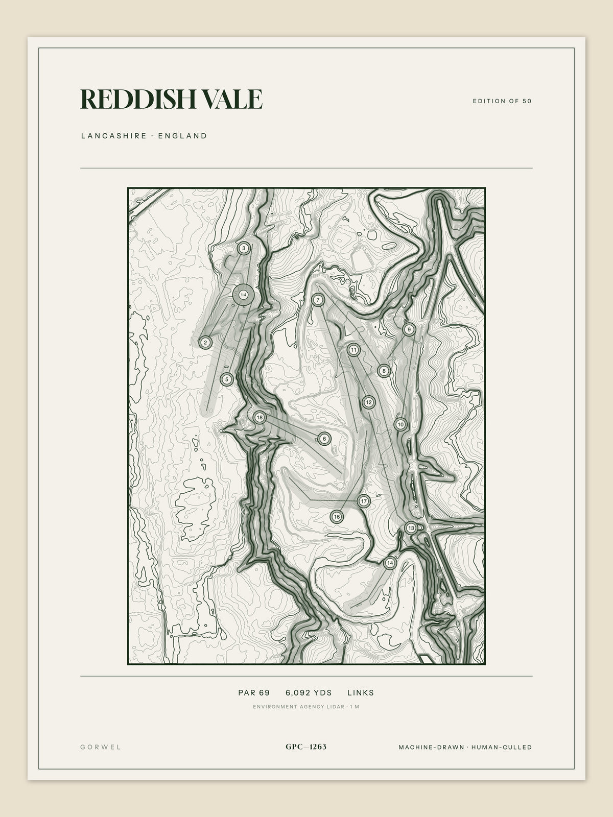 Reddish Vale topographic golf course print — unframed sheet — Gorwel Print Co
