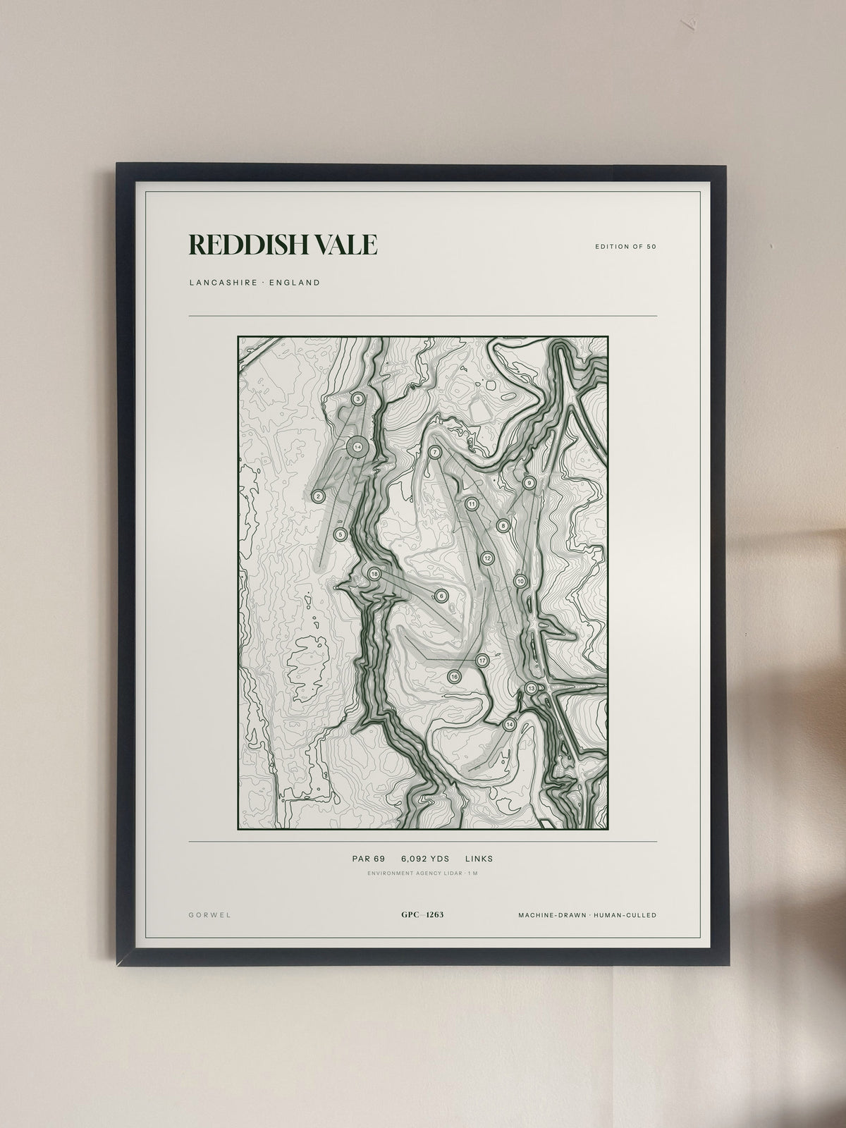 Reddish Vale topographic golf course print — framed on a wall — Gorwel Print Co