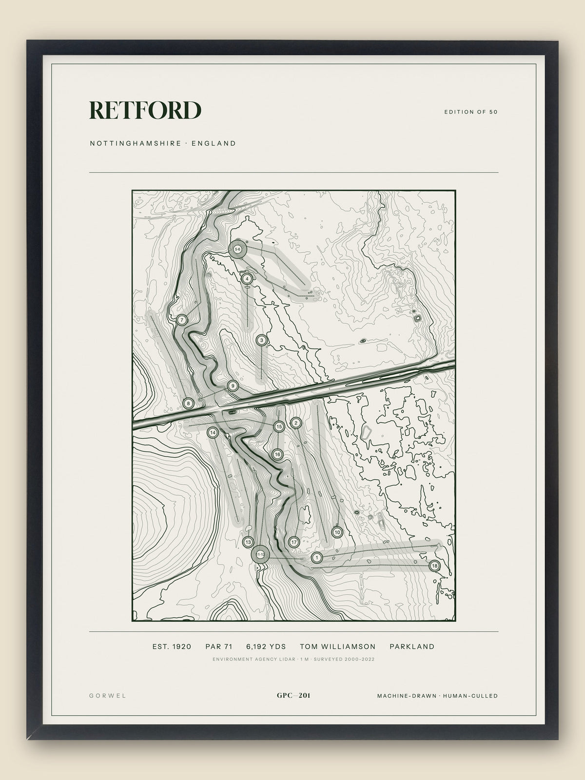 Retford, Nottinghamshire topographic golf course print, framed — Gorwel Print Co