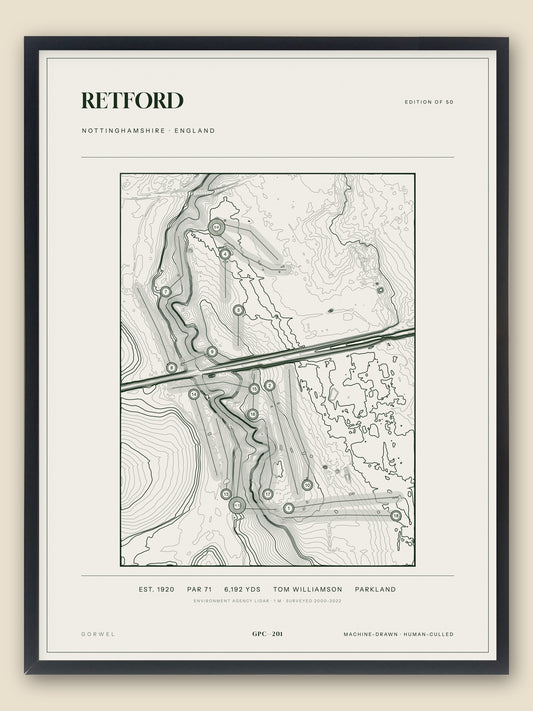 Retford, Nottinghamshire topographic golf course print, framed — Gorwel Print Co