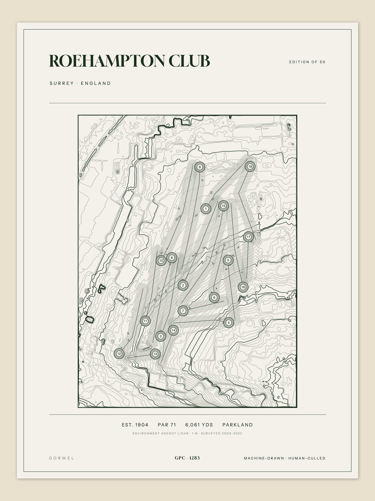 Roehampton Club topographic golf course print — unframed sheet — Gorwel Print Co