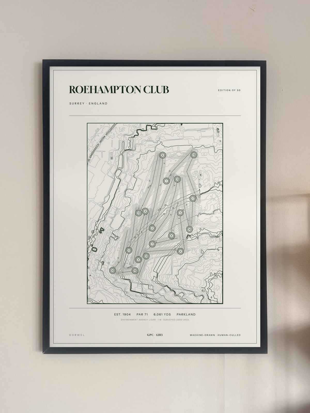 Roehampton Club topographic golf course print — framed on a wall — Gorwel Print Co