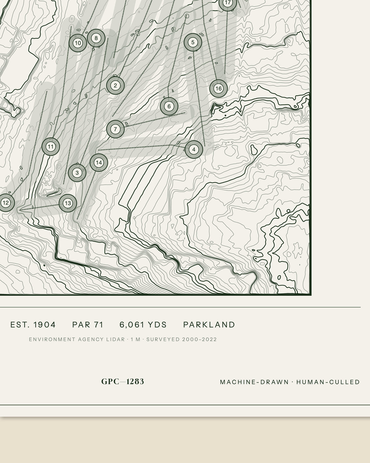 Roehampton Club topographic golf course print — data strip and edition mark — Gorwel Print Co