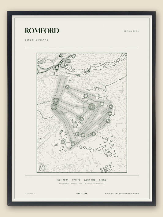Romford, Essex topographic golf course print, framed — Gorwel Print Co