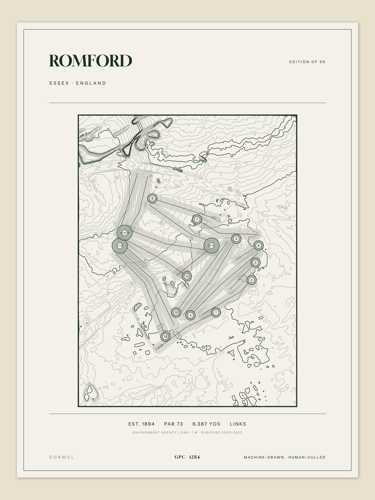 Romford, Essex topographic golf course print
