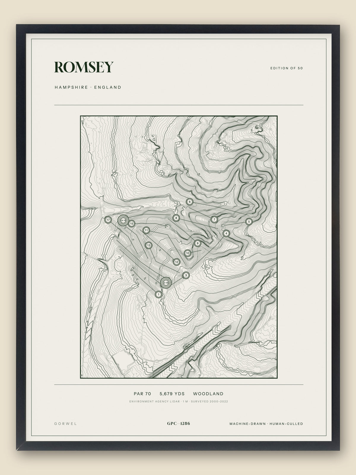 Romsey, Hampshire topographic golf course print, framed — Gorwel Print Co