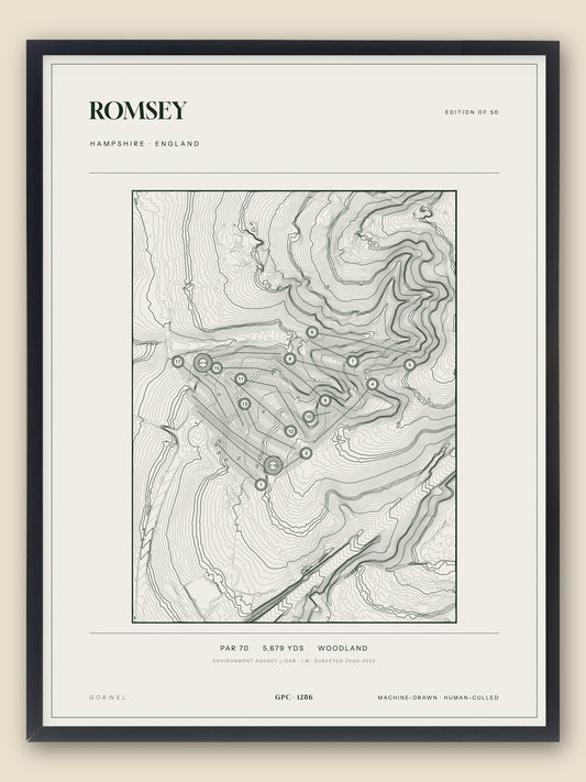 Romsey, Hampshire topographic golf course print, framed — Gorwel Print Co