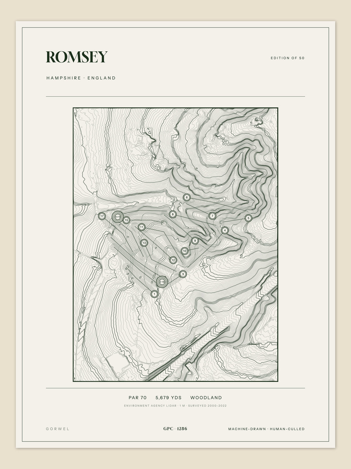 Romsey, Hampshire topographic golf course print
