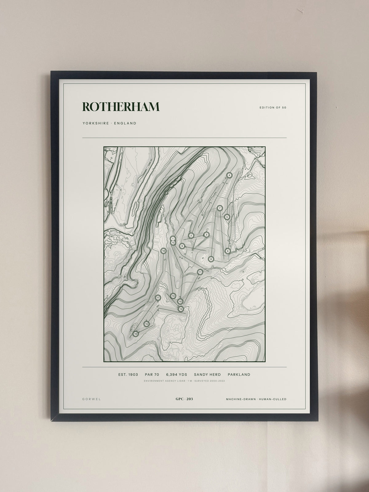 Rotherham topographic golf course print — framed on a wall — Gorwel Print Co