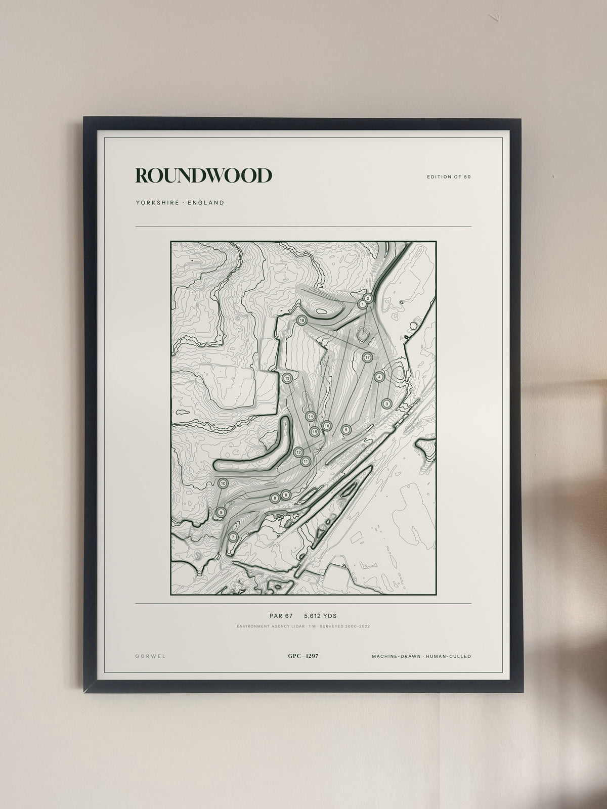Roundwood topographic golf course print — framed on a wall — Gorwel Print Co