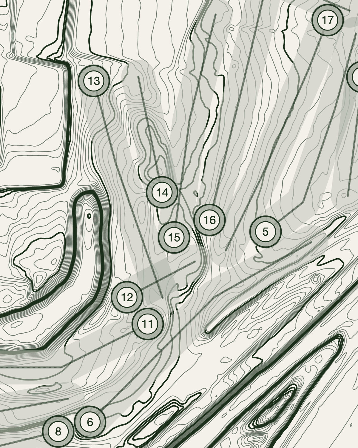 Roundwood topographic golf course print — contour detail — Gorwel Print Co