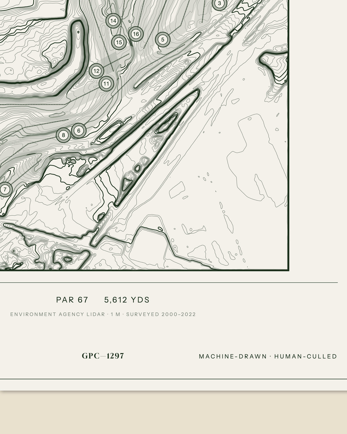 Roundwood topographic golf course print — data strip and edition mark — Gorwel Print Co