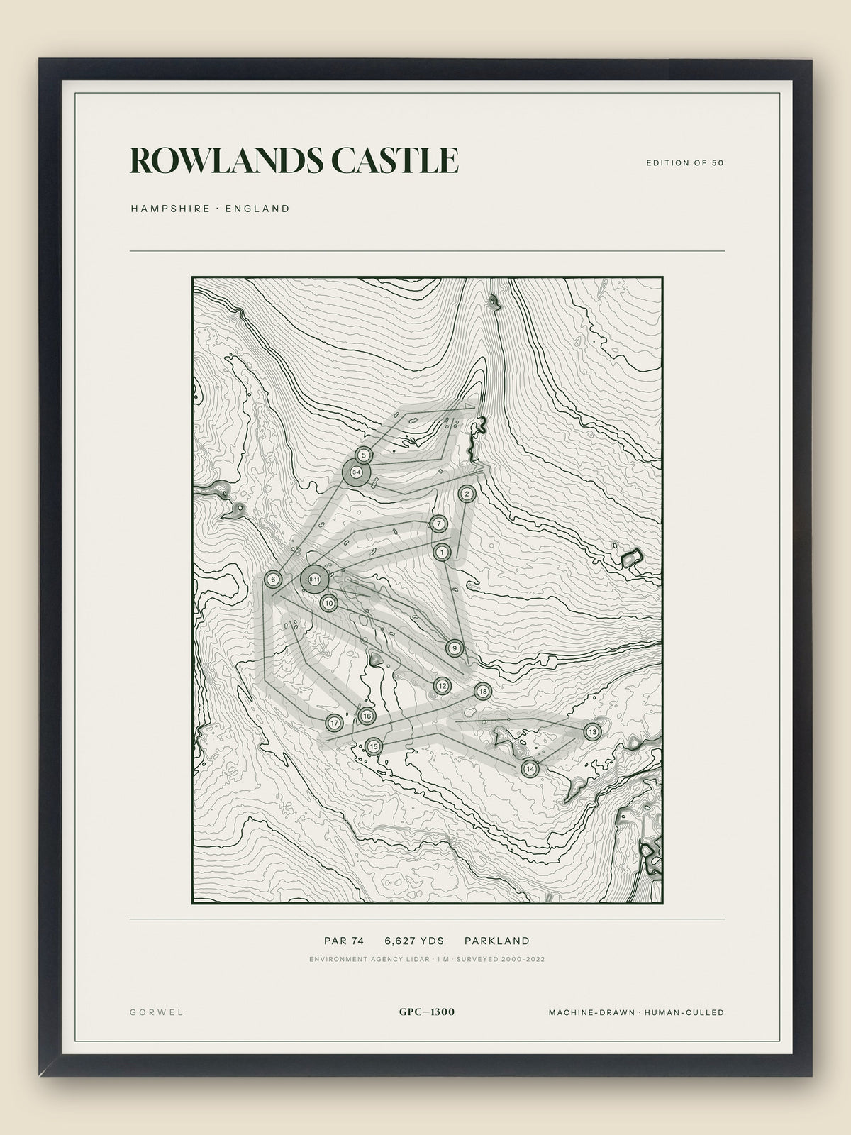 Rowlands Castle, Hampshire topographic golf course print, framed — Gorwel Print Co
