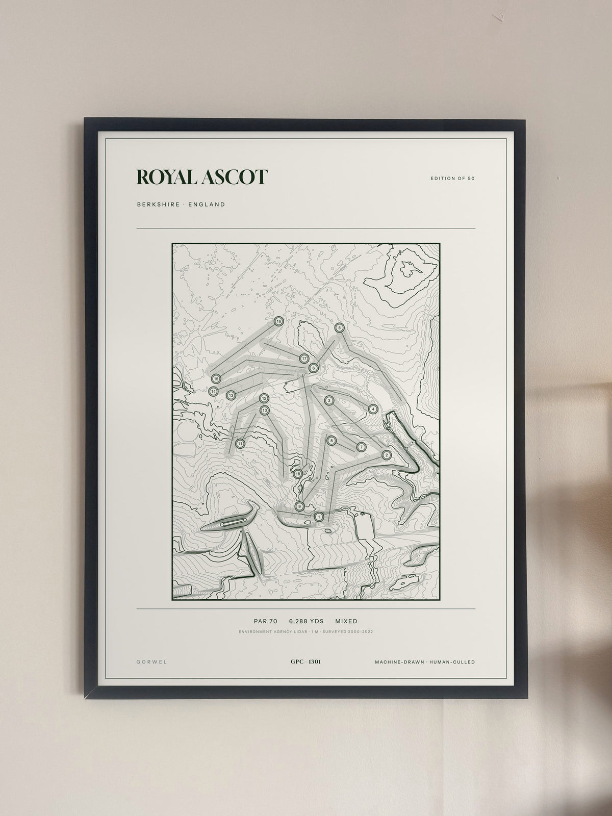 Royal Ascot topographic golf course print — framed on a wall — Gorwel Print Co