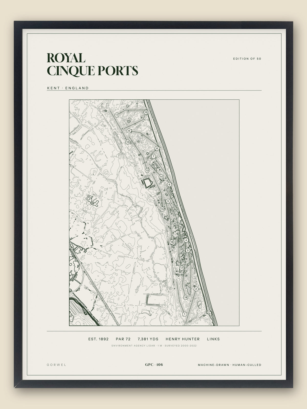 Royal Cinque Ports, Kent topographic golf course print, framed — Gorwel Print Co