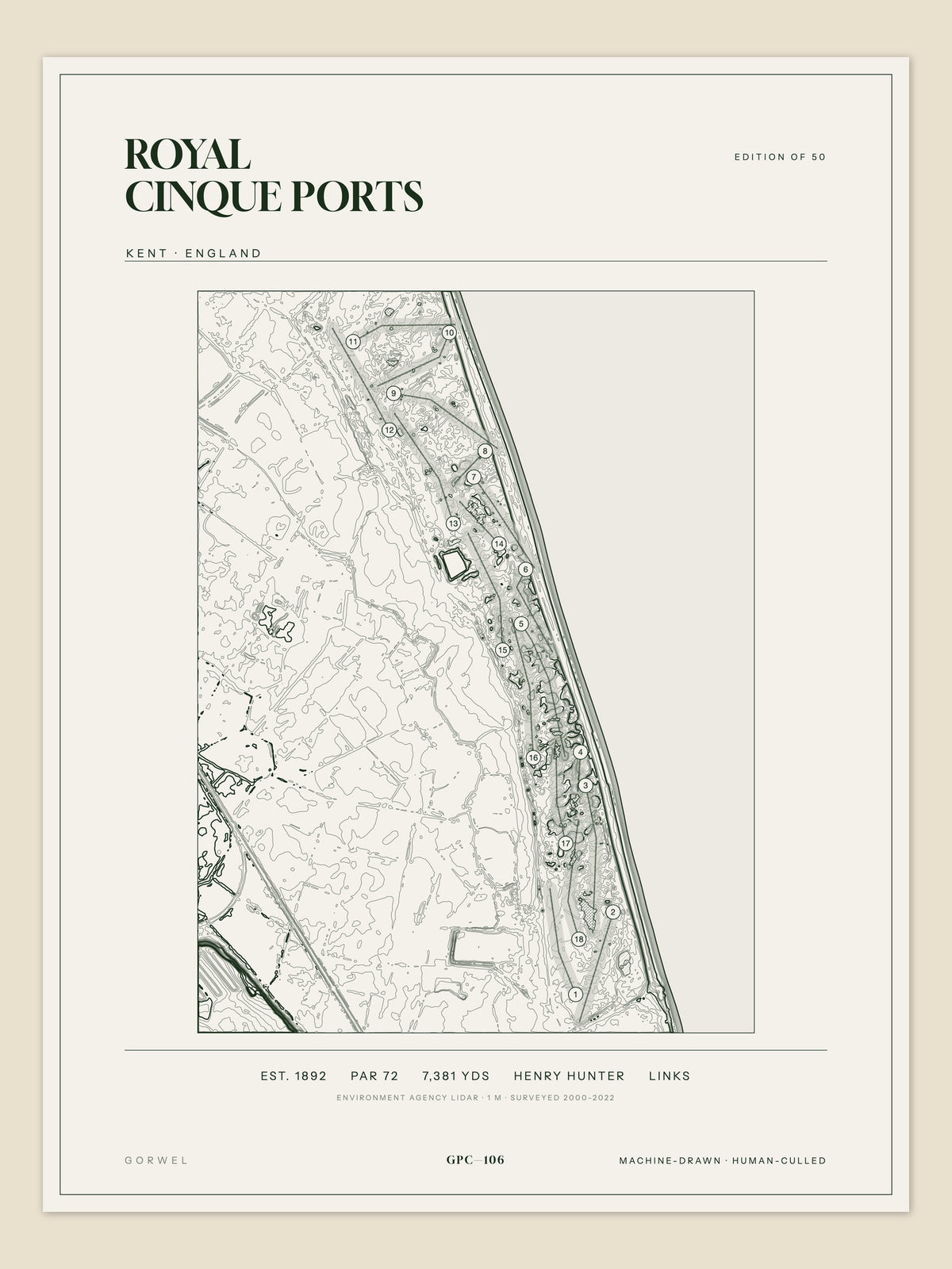 Royal Cinque Ports, Kent topographic golf course print