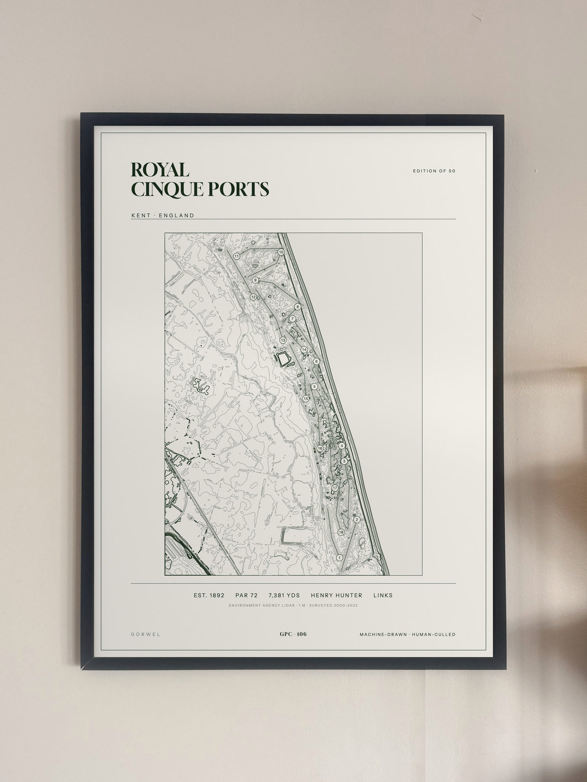Royal Cinque Ports, Kent print, framed, on a wall