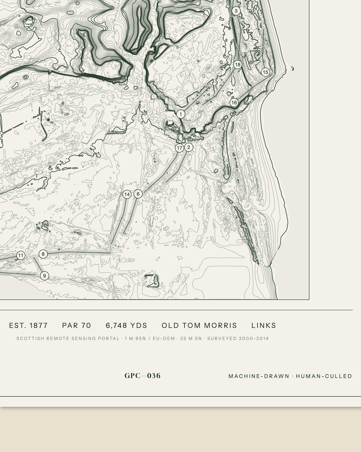 Royal Dornoch Championship topographic golf course print — data strip and edition mark — Gorwel Print Co