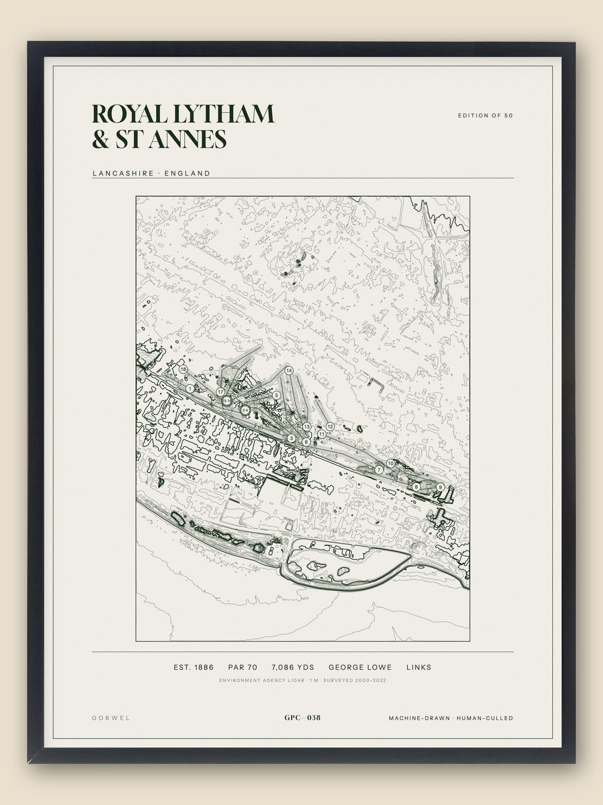 Royal Lytham & St Annes, Lancashire topographic golf course print, framed — Gorwel Print Co
