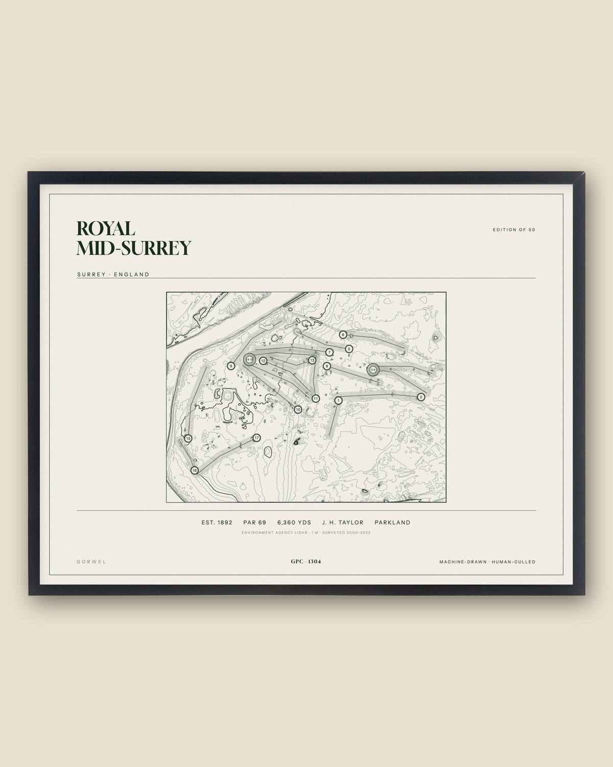 Royal Mid-Surrey, Surrey topographic golf course print, framed — Gorwel Print Co