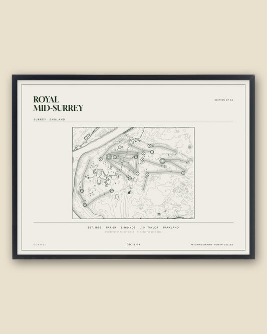 Royal Mid-Surrey, Surrey topographic golf course print, framed — Gorwel Print Co
