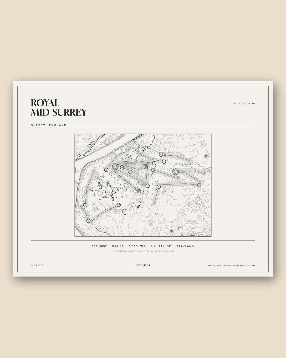 Royal Mid-Surrey, Surrey topographic golf course print