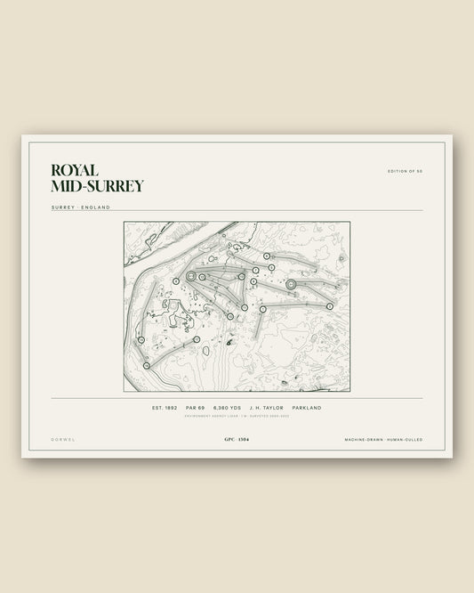 Royal Mid-Surrey, Surrey topographic golf course print