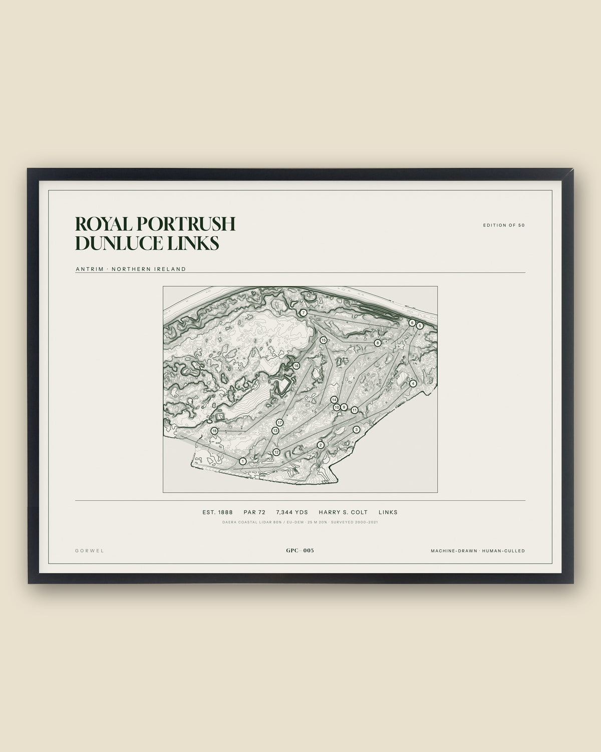 Royal Portrush Dunluce Links, Antrim topographic golf course print, framed — Gorwel Print Co