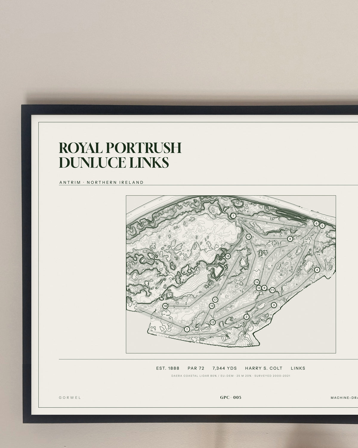 Royal Portrush Dunluce Links, Antrim print, framed, on a wall