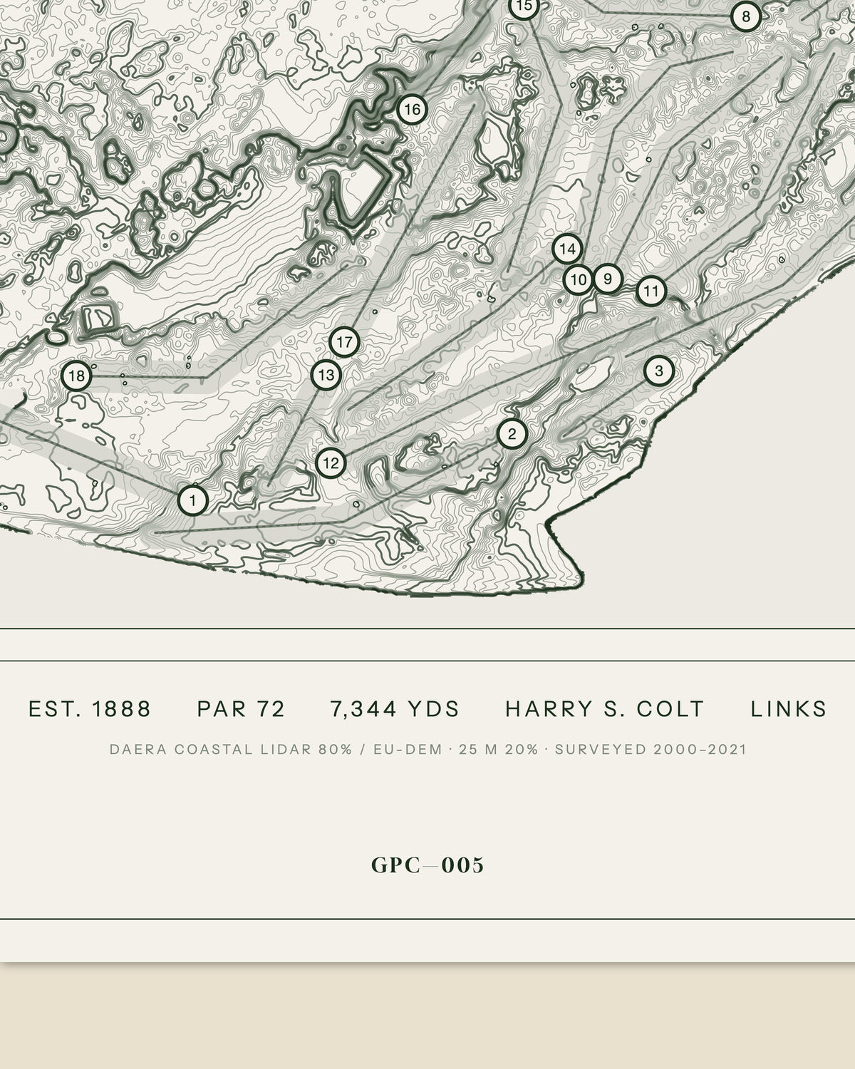 Royal Portrush Dunluce Links topographic golf course print — data strip and edition mark — Gorwel Print Co
