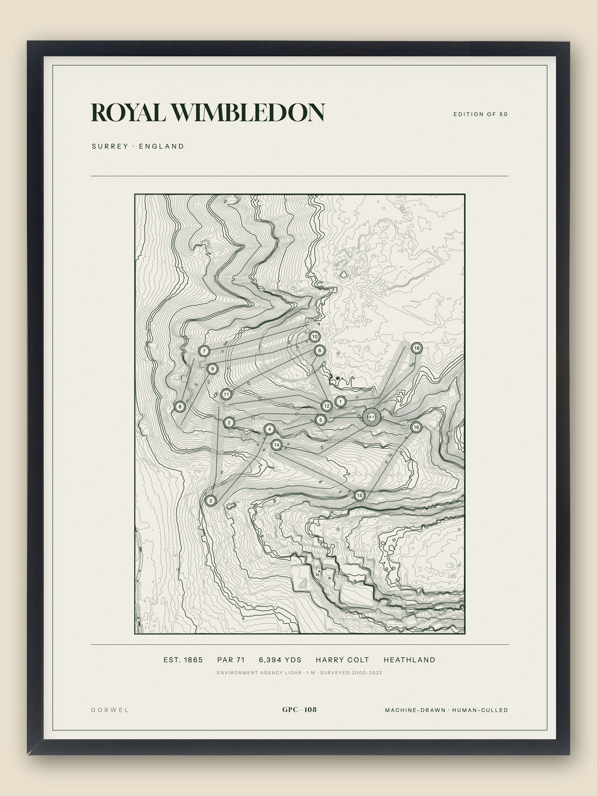 Royal Wimbledon, Surrey topographic golf course print, framed — Gorwel Print Co