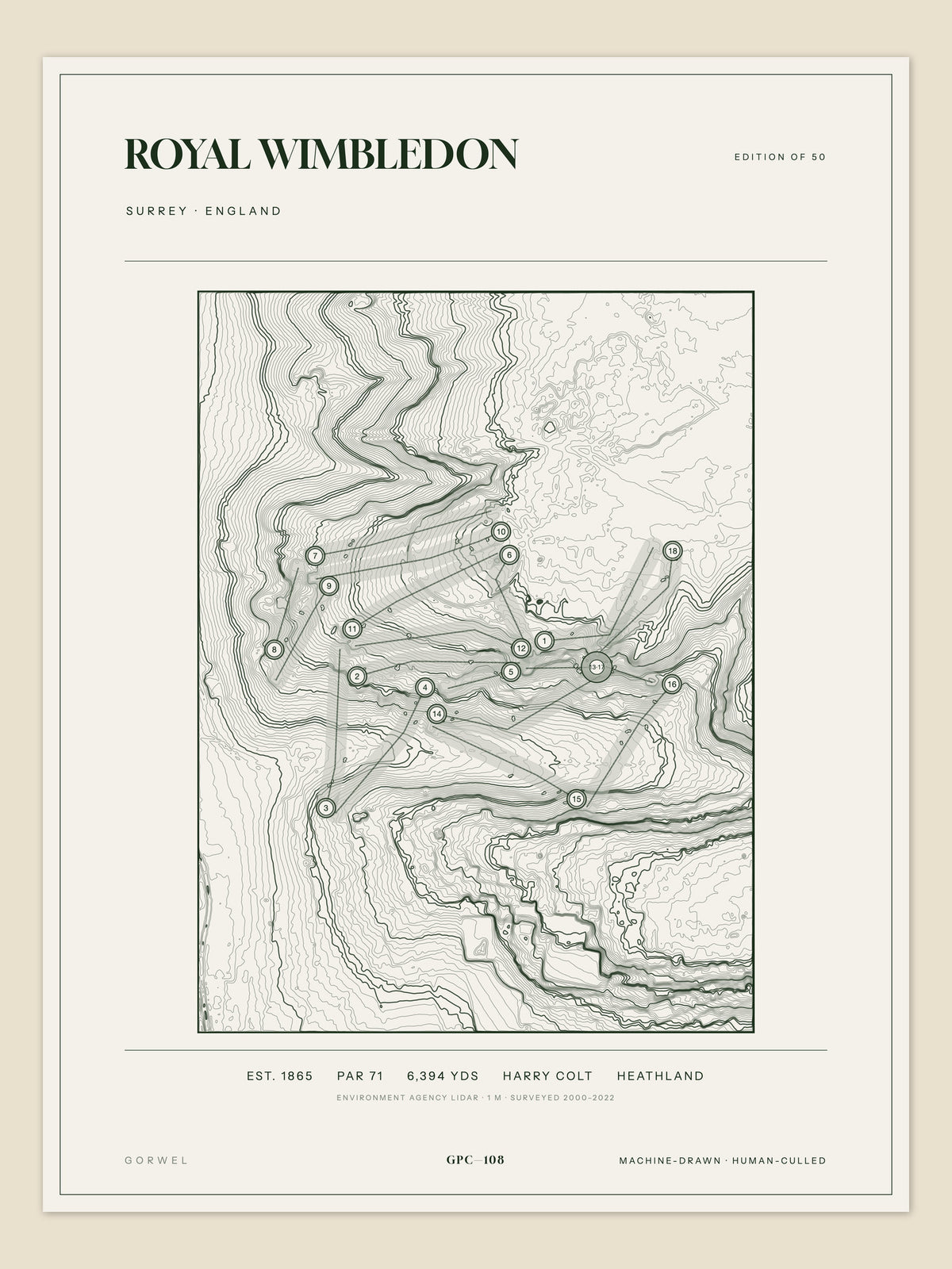 Royal Wimbledon, Surrey topographic golf course print