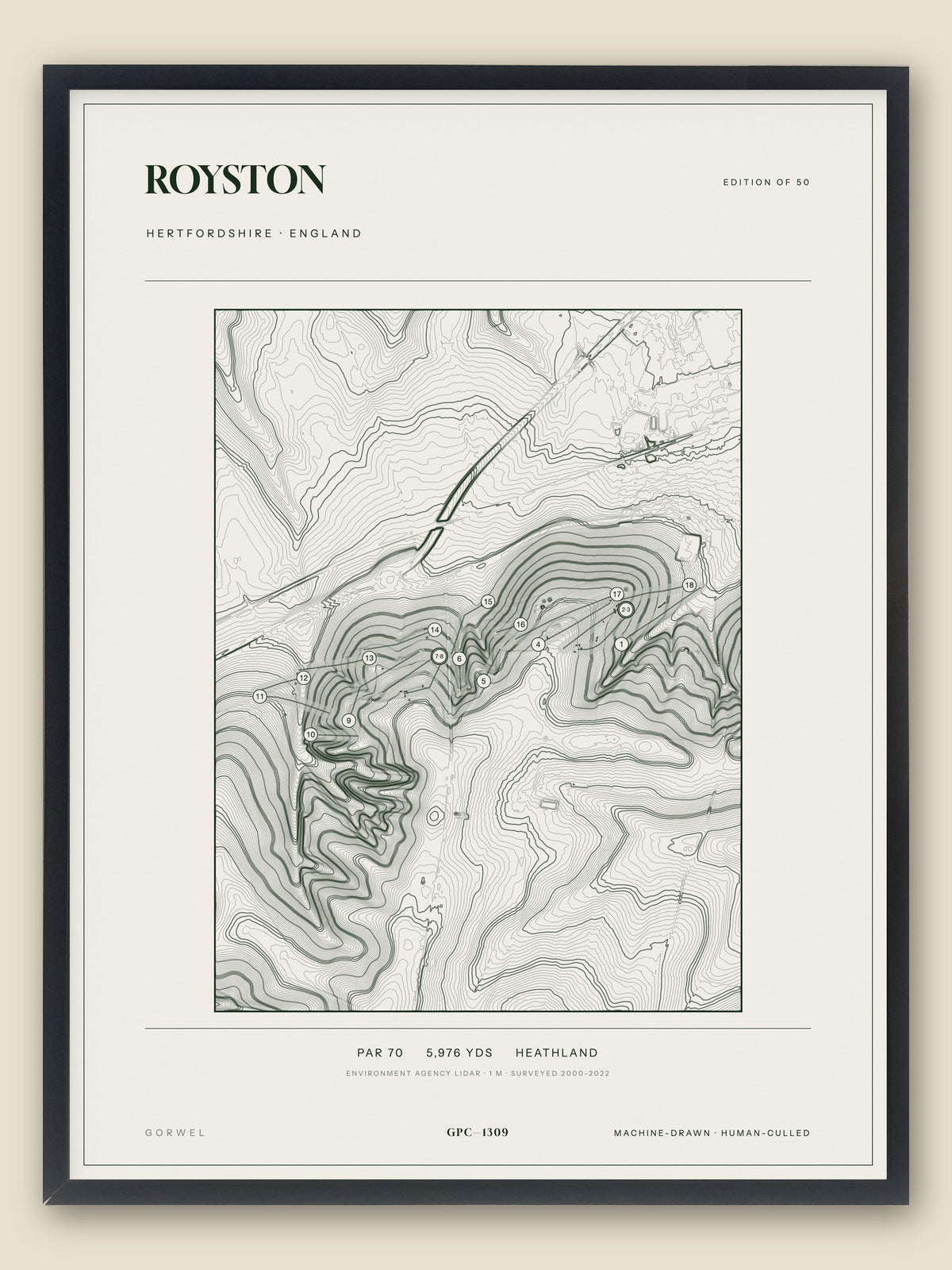 Royston, Hertfordshire topographic golf course print, framed — Gorwel Print Co