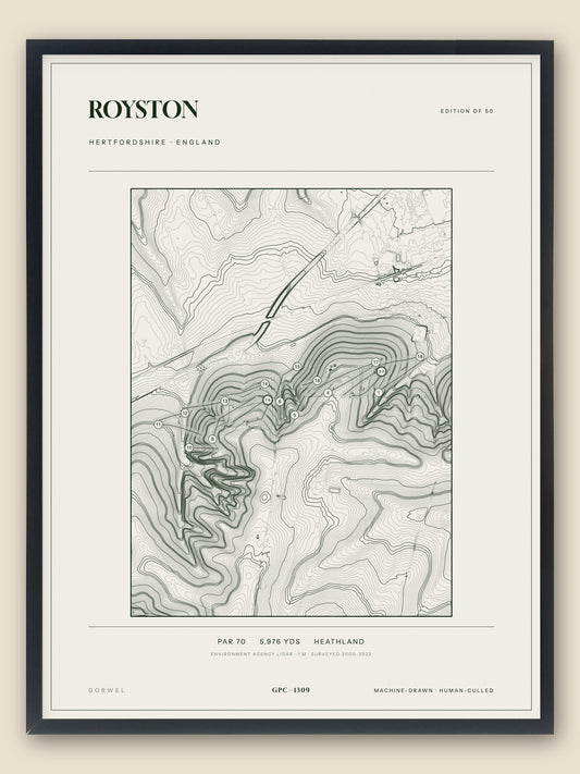 Royston, Hertfordshire topographic golf course print, framed — Gorwel Print Co