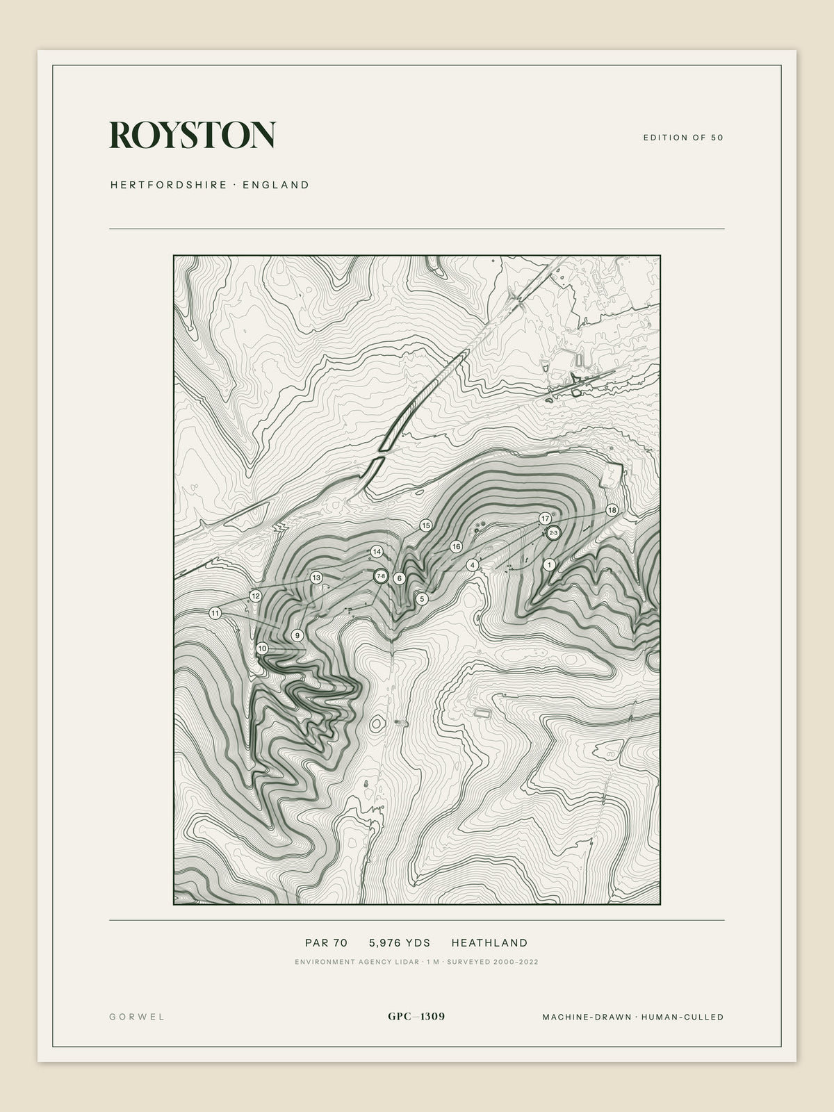 Royston, Hertfordshire topographic golf course print