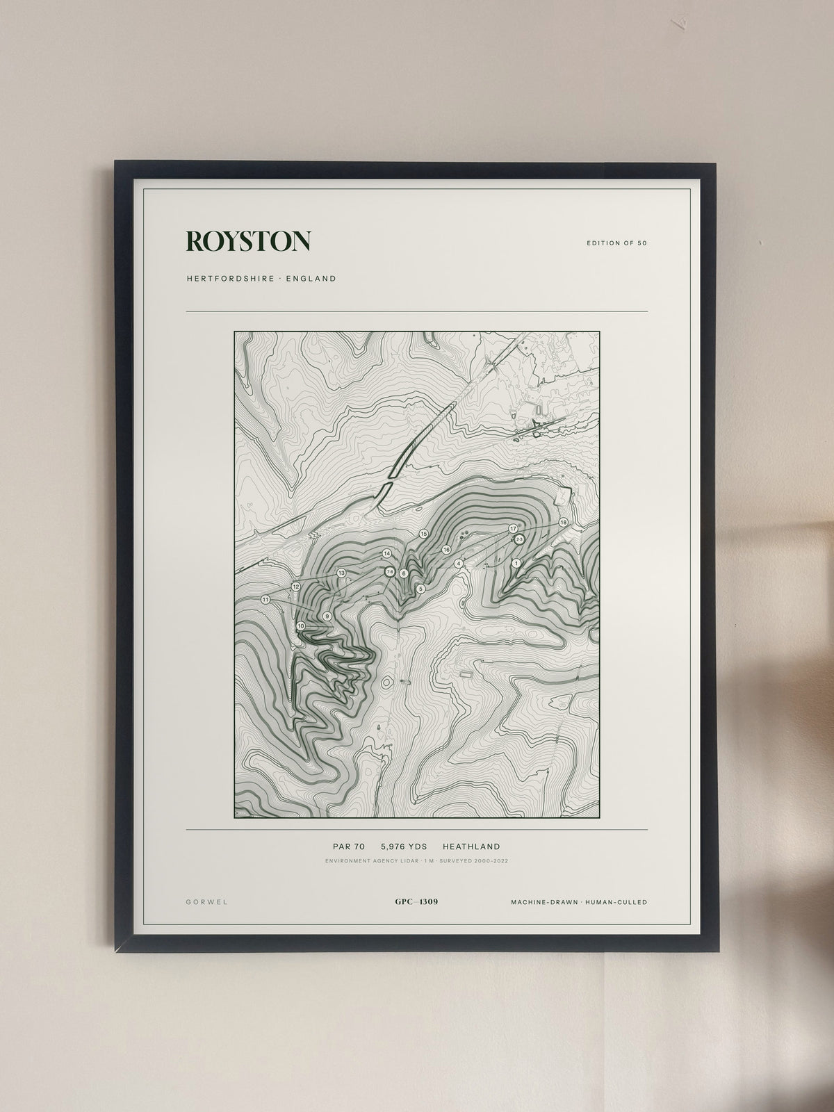 Royston, Hertfordshire print, framed, on a wall