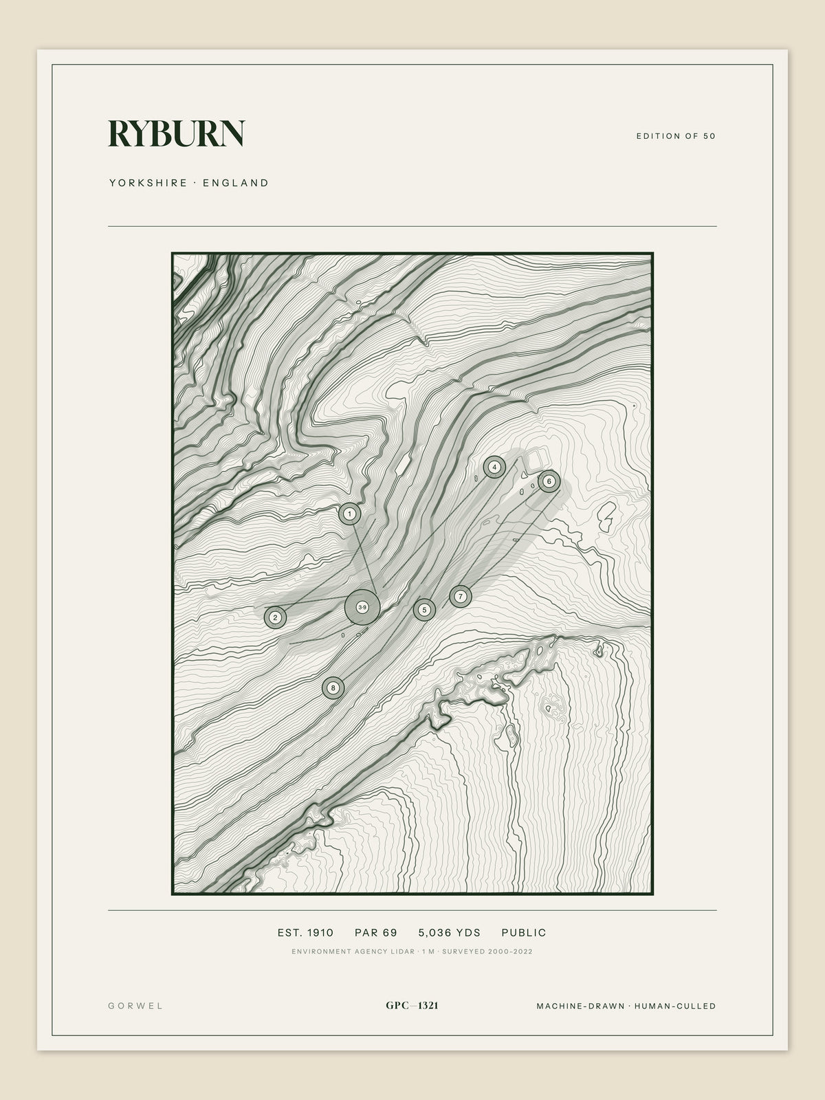 Ryburn, Yorkshire topographic golf course print