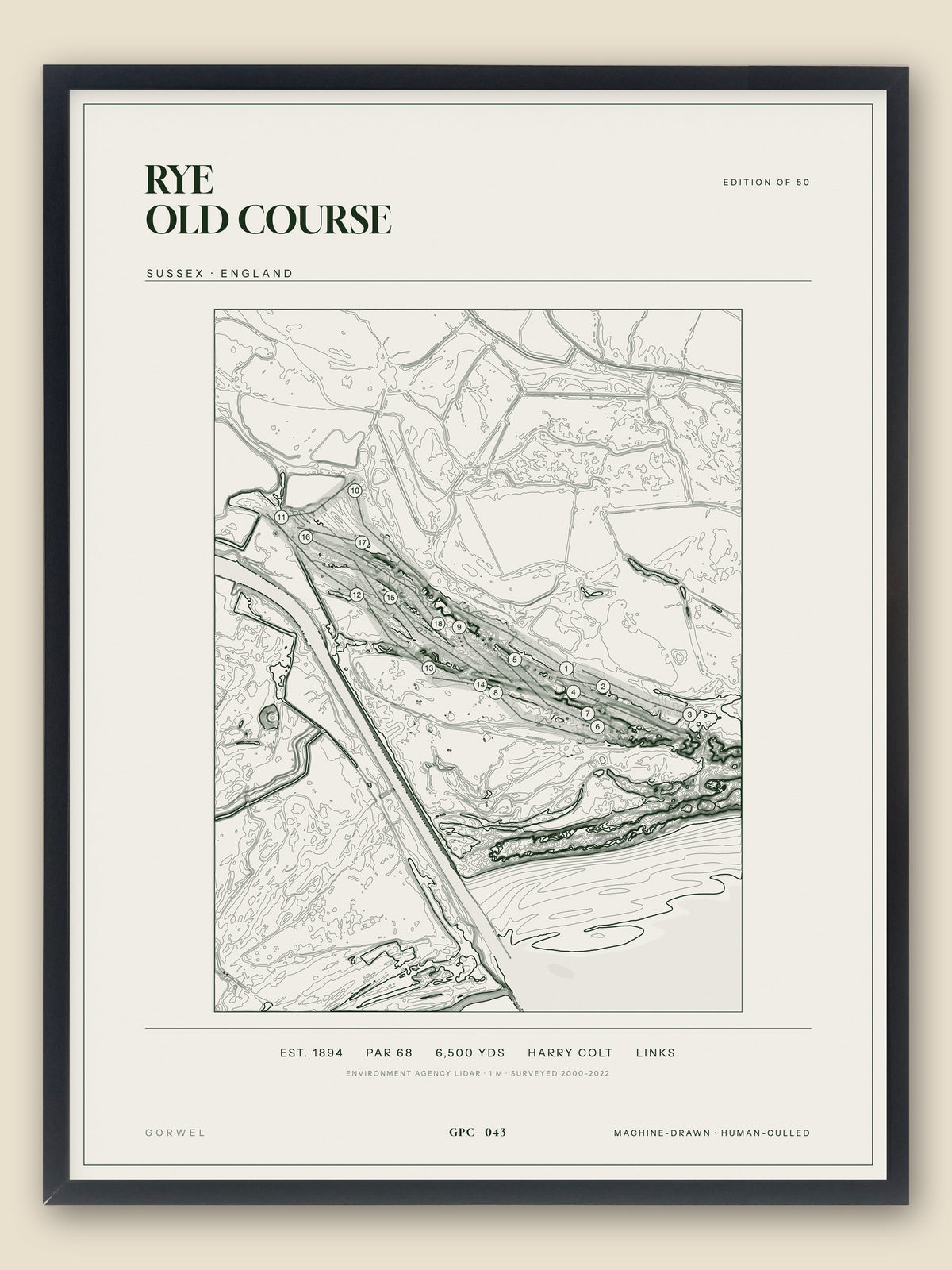 Rye Old Course, Sussex topographic golf course print, framed — Gorwel Print Co