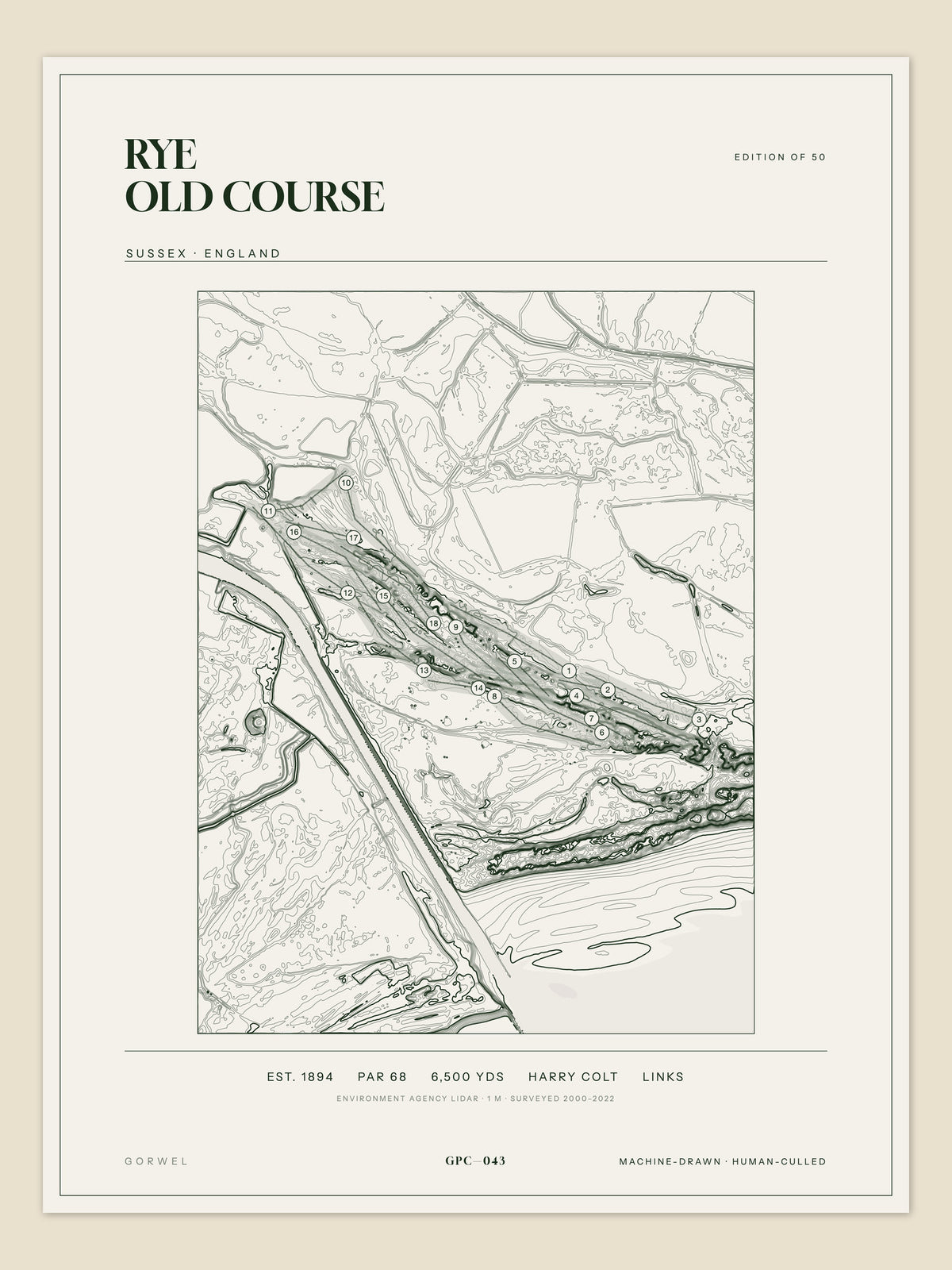 Rye Old Course, Sussex topographic golf course print