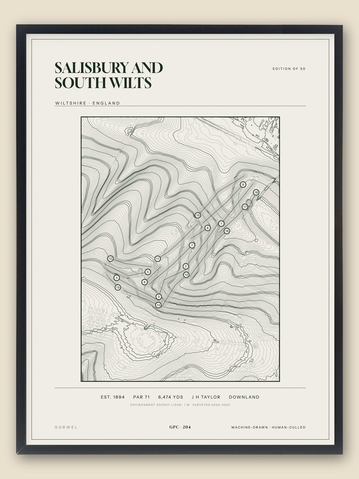 Salisbury and South Wilts, Wiltshire topographic golf course print, framed — Gorwel Print Co