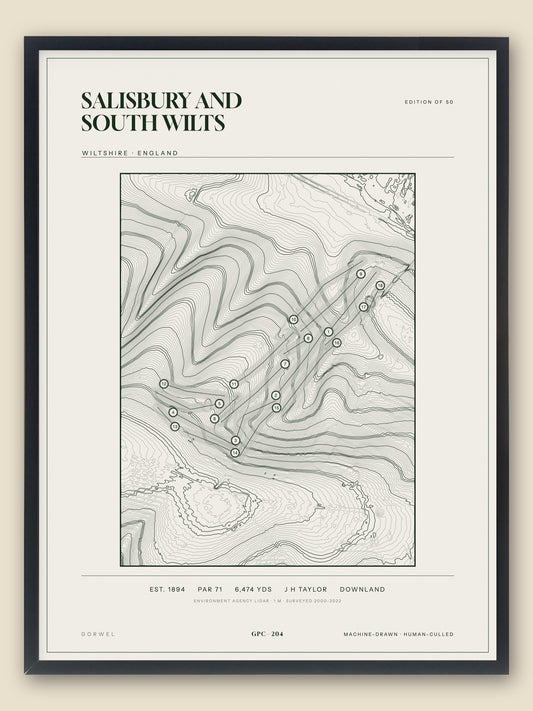Salisbury and South Wilts, Wiltshire topographic golf course print, framed — Gorwel Print Co