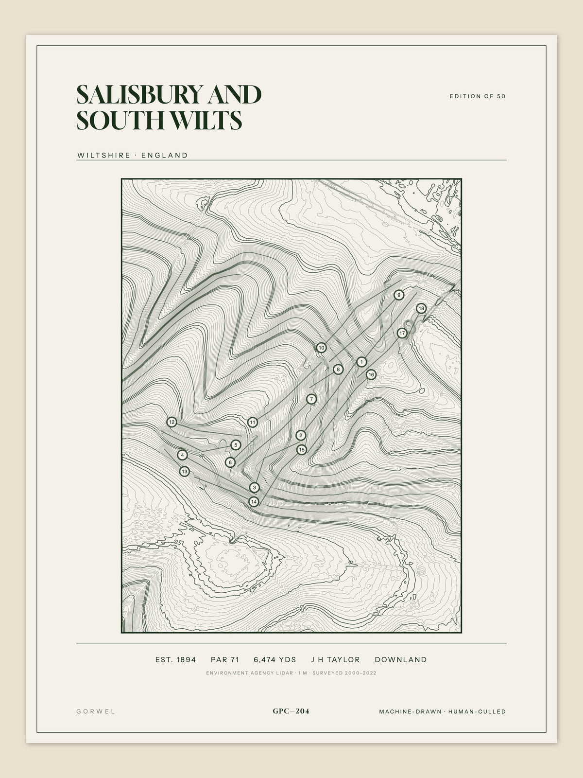 Salisbury and South Wilts, Wiltshire topographic golf course print