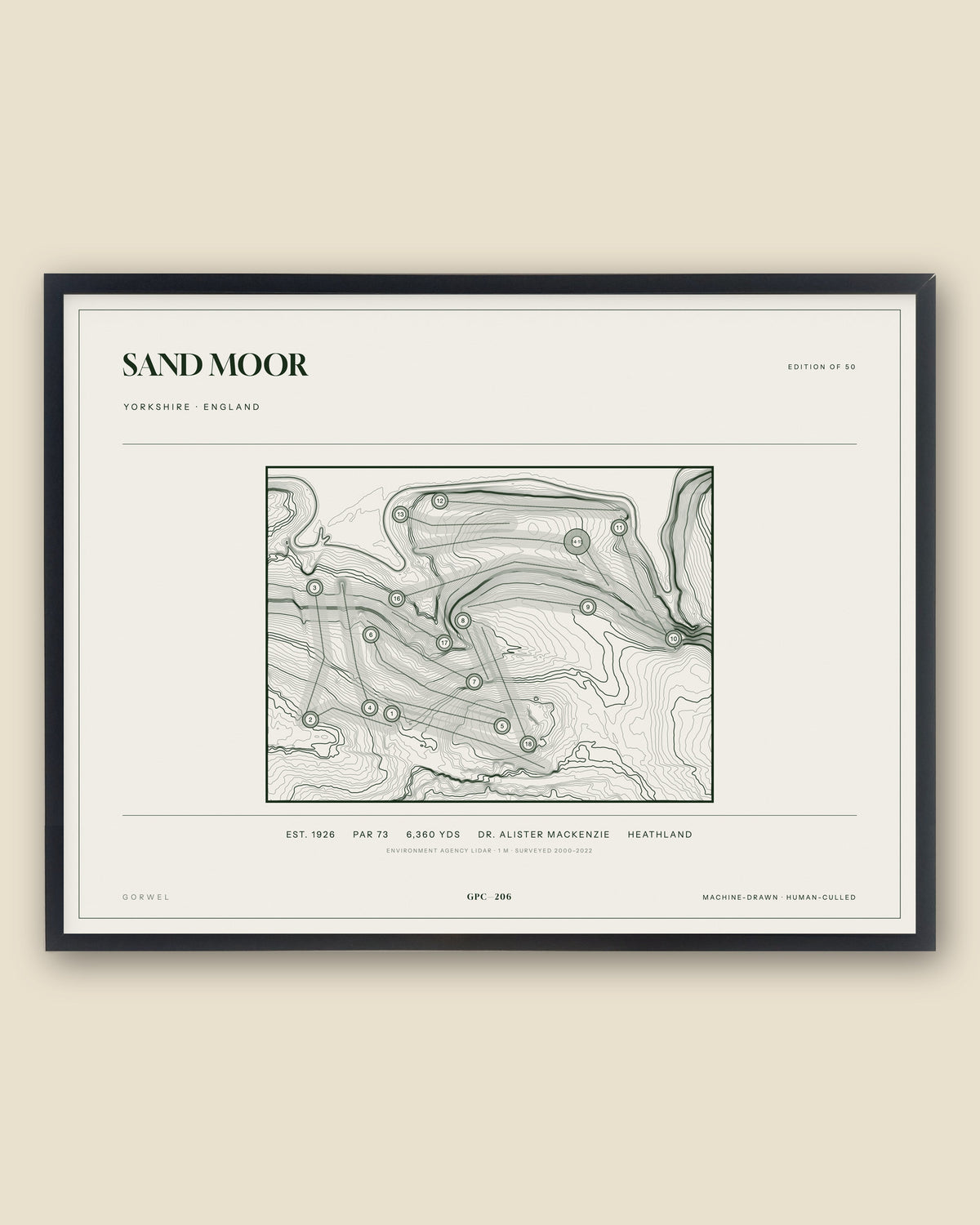 Sand Moor, Yorkshire topographic golf course print, framed — Gorwel Print Co
