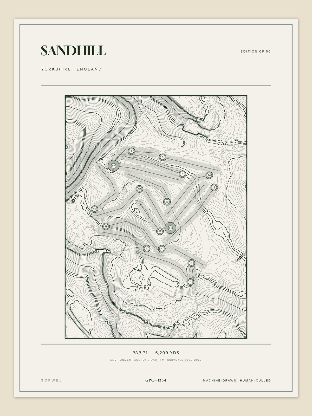 Sandhill, Yorkshire topographic golf course print