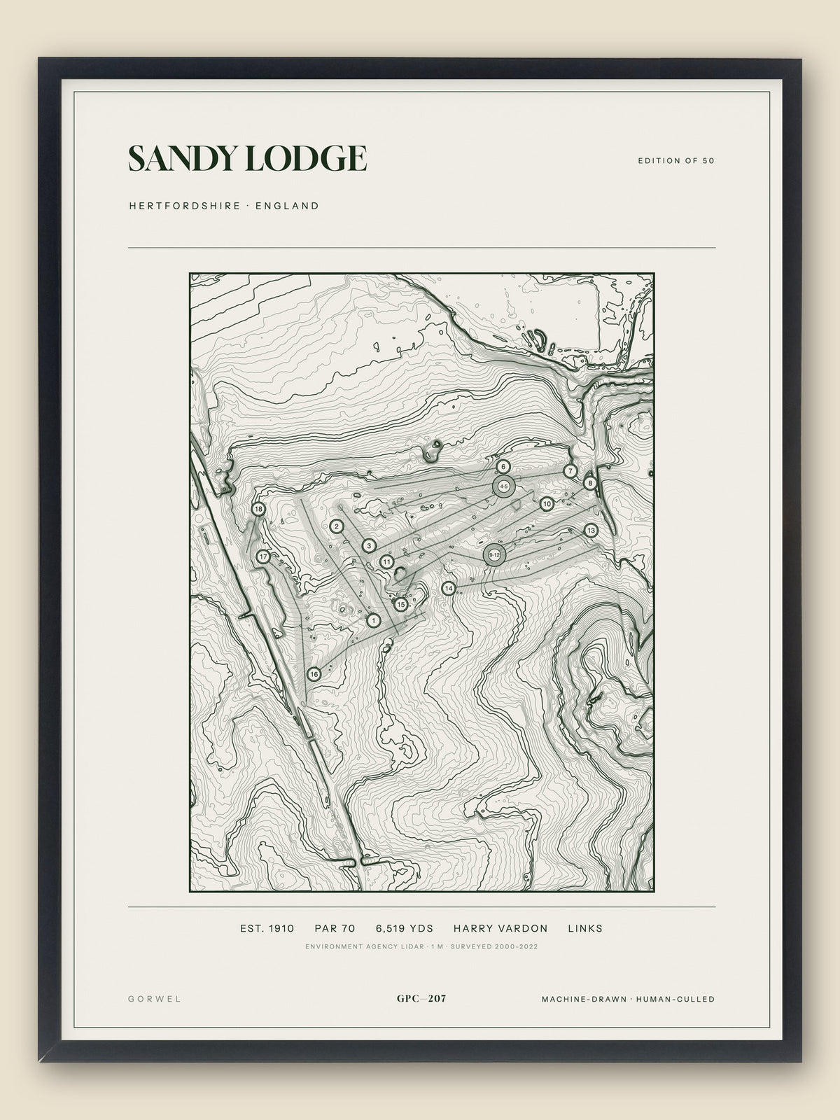 Sandy Lodge, Hertfordshire topographic golf course print, framed — Gorwel Print Co