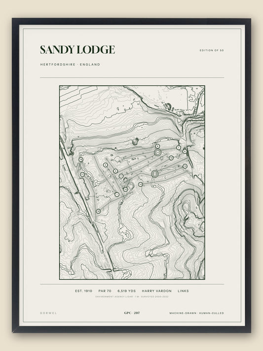 Sandy Lodge, Hertfordshire topographic golf course print, framed — Gorwel Print Co