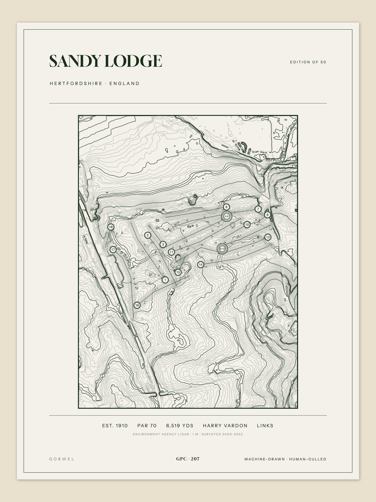 Sandy Lodge, Hertfordshire topographic golf course print