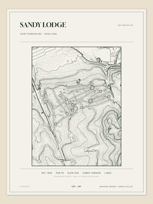 Sandy Lodge, Hertfordshire topographic golf course print