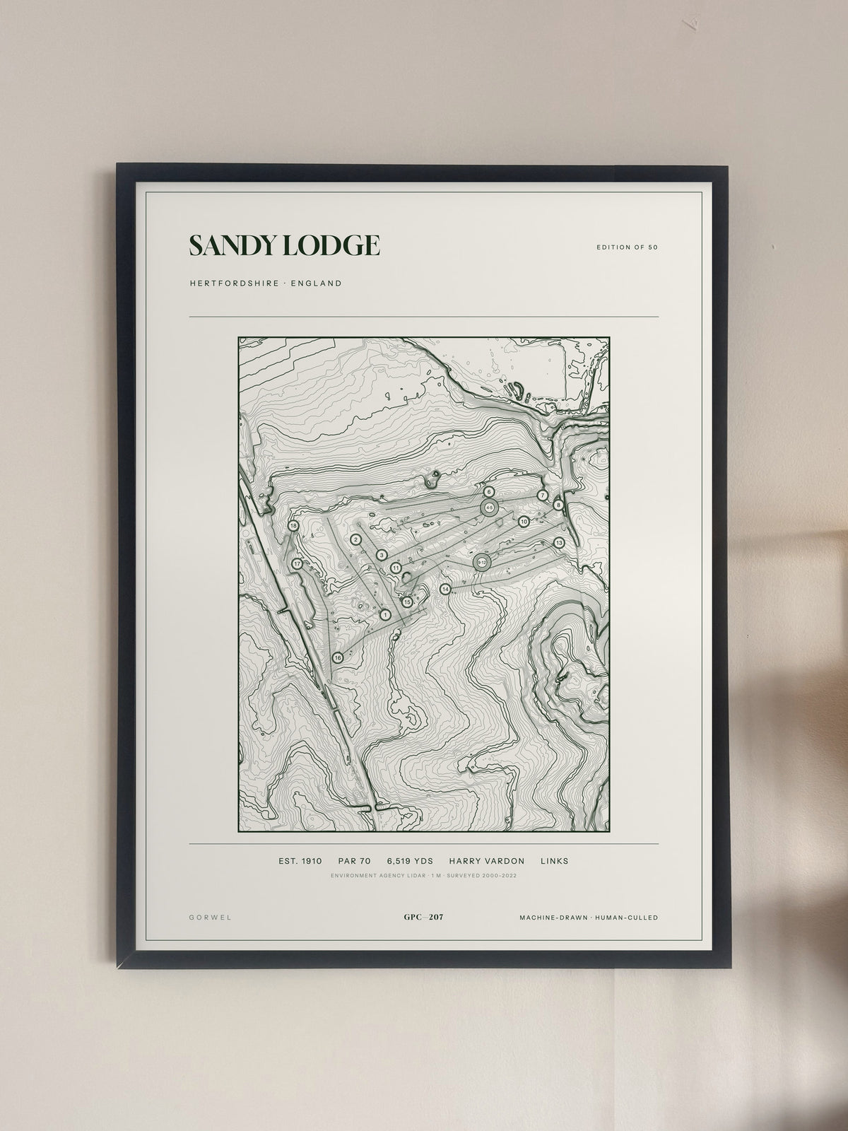 Sandy Lodge, Hertfordshire print, framed, on a wall