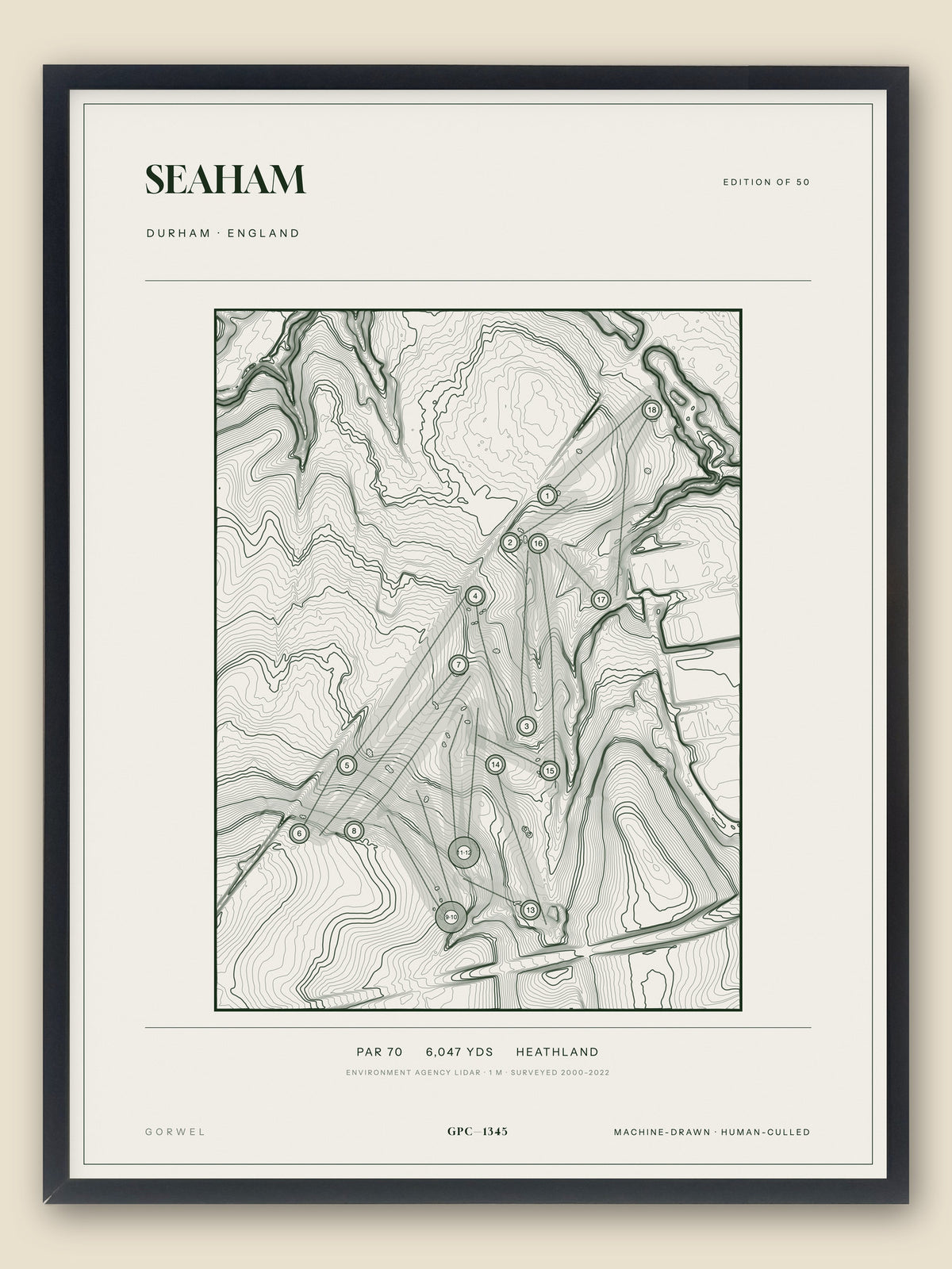 Seaham, Durham topographic golf course print, framed — Gorwel Print Co